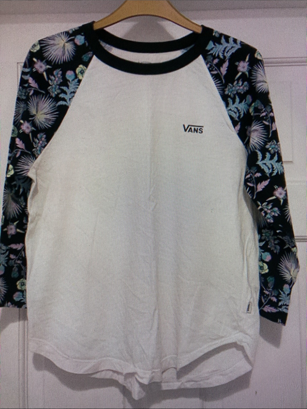 Vans White Raglan Tee with Black Floral-Print Sleeves